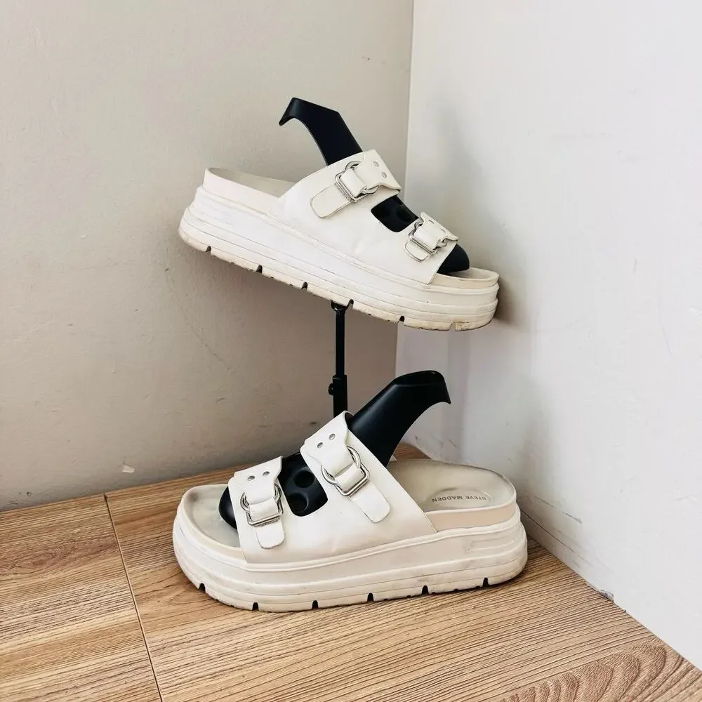 Steve Madden Urban White Leather Buckle Slides Women’s Size 7
